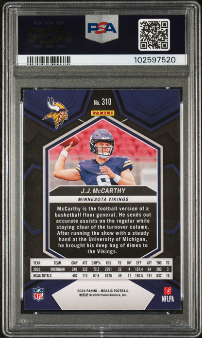 Graded 2024 Panini Mosaic JJ McCarthy #310 Rookie RC Football Card PSA 9 Mint