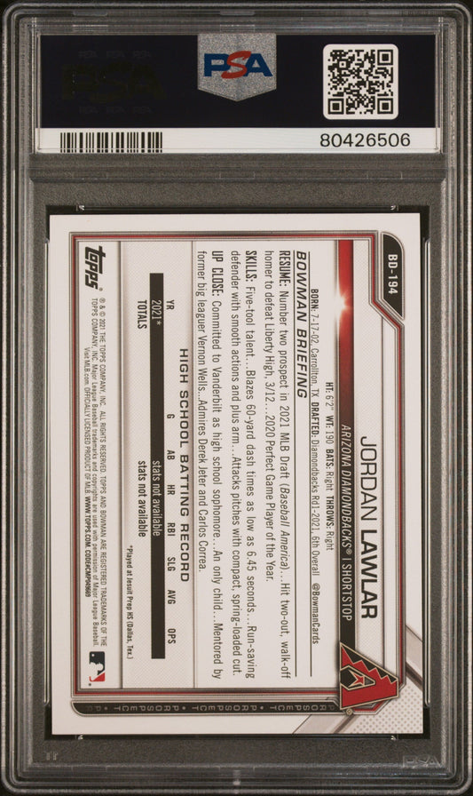 Graded 2021 Topps Bowman Draft Jordan Lawler #BD194 Rookie RC Baseball Card PSA 10 Gem Mint