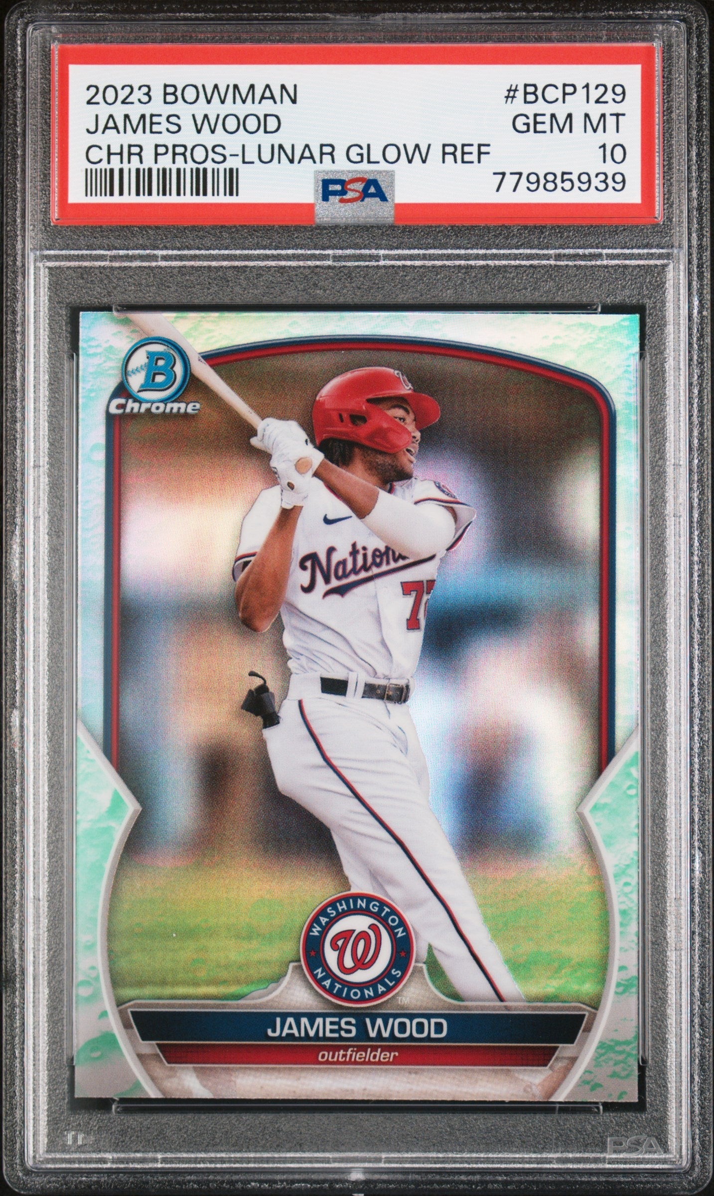 Graded 2023 Topps Bowman James Wood #BCP129 Chrome Prospects Lunar Glow Refractor Rookie RC Baseball Card PSA 10 Gem Mint