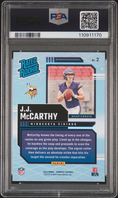 Graded 2024 Panini Donruss JJ McCarthy #2 Rated Rookies Retro Rookie RC Football Card PSA 10 Gem Mint