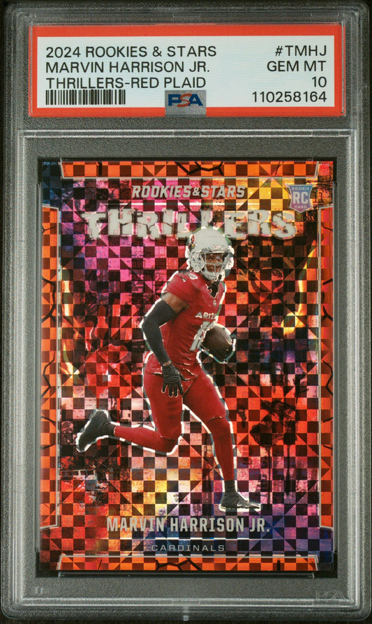 Graded 2024 Panini Rookies & Stars Marvin Harrison Jr #TMHJ Thrillers Red Plaid Rookie RC Football Card PSA 10 Gem Mint
