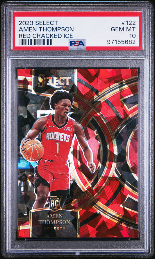 Graded 2023 Panini Select Amen Thompson #122 Red Cracked Ice Rookie RC Basketball Card PSA 10 Gem Mint