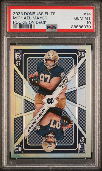 Graded 2023 Panini Donruss Elite Michael Mayer #14 Rookie on Deck Rookie RC Football Card PSA 10 Gem Mint