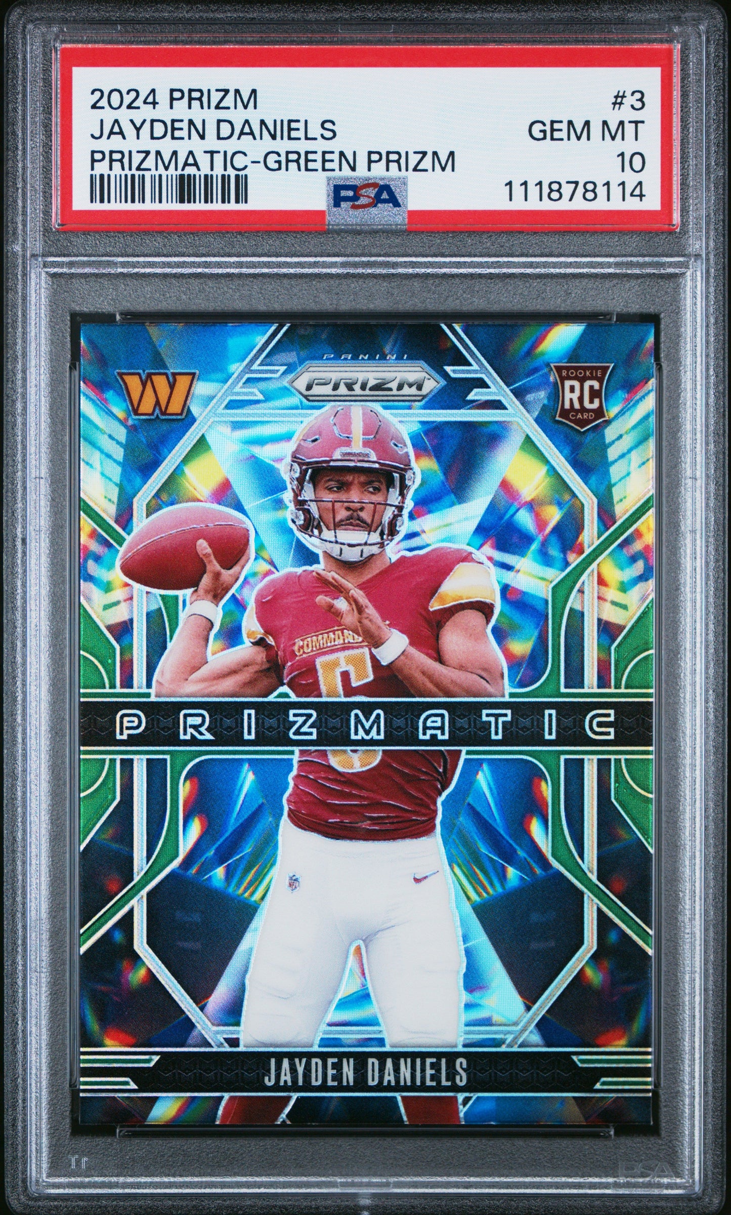 Graded 2024 Panini Prizm Jayden Daniels #3 Prizmatic Green Prizm Rookie RC Football Card PSA 10 Gem Mint