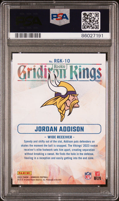 Graded 2023 Panini Donruss Jordan Addison #RGK10 Rookie Gridiron Kings Rookie RC Football Card PSA 10 Gem Mint