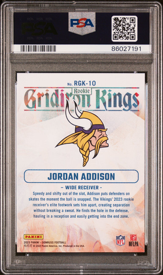 Graded 2023 Panini Donruss Jordan Addison #RGK10 Rookie Gridiron Kings Rookie RC Football Card PSA 10 Gem Mint