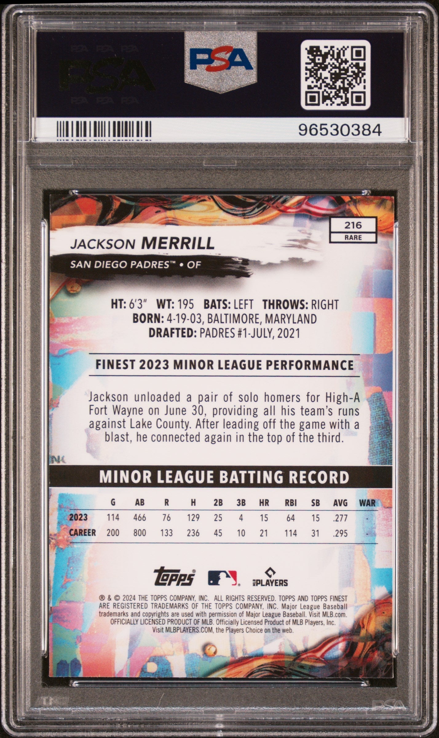Graded 2024 Topps Finest Jackson Merrill #216 Rookie RC Baseball Card PSA 10 Gem Mint