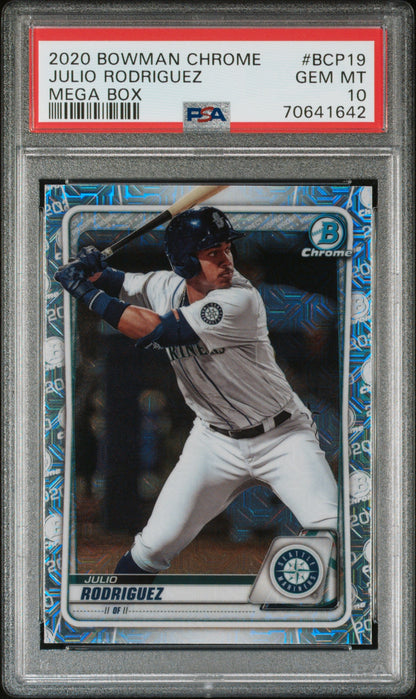 Graded 2020 Topps Bowman Chrome Julio Rodriguez #BCP19 Megabox Rookie RC Baseball Card PSA 10 Gem Mint