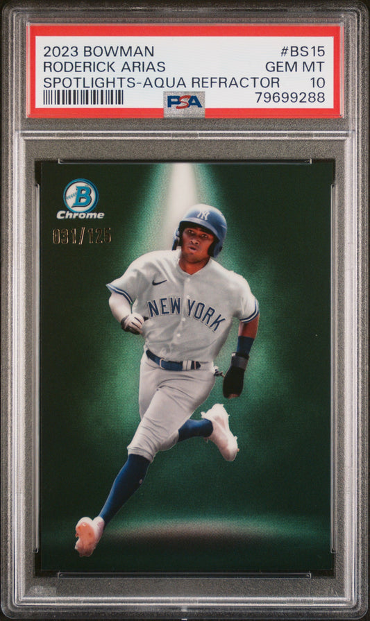 Graded 2023 Topps Bowman Roderick Arias #BS15 Spotlights Aqua Refractor #/125 Rookie RC Baseball Card PSA 10 Gem Mint