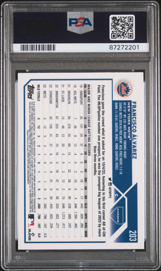 Graded 2023 Topps Chrome Francisco Alvarez #203 Rookie RC Baseball Card PSA 10 Gem Mint