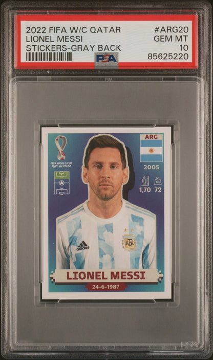 Graded 2022 Panini World Cup Qatar Lionel Messi #ARG20 Gray Back Soccer Sticker Card PSA 10 Gem Mint