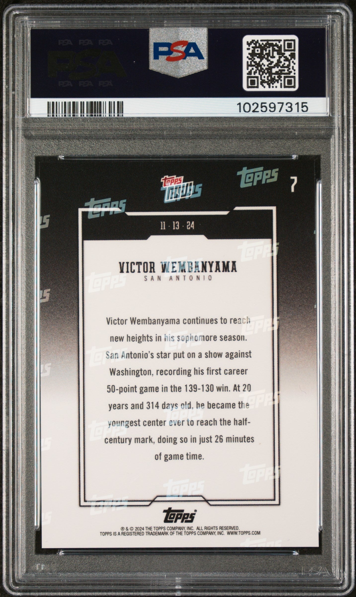 Graded 2024 Topps Now Victor Wembanyama #7 Basketball Card PSA 10 Gem Mint