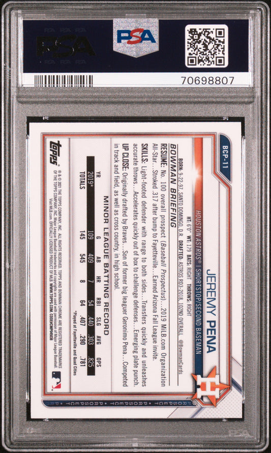 Graded 2021 Topps Bowman Sapphire Edition Jeremy Pena #BCP11 Chrome Prospects Rookie RC Baseball Card PSA 10 Gem Mint