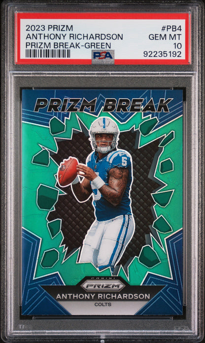 Graded 2023 Panini Prizm Anthony Richardson #PB4 Prizm Break Green Rookie RC Football Card PSA 10 Gem Mint