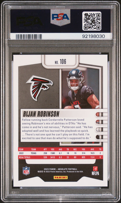 Graded 2023 Panini Absolute Bijan Robinson #106 Black Rookie RC Football Card PSA 10 Gem Mint