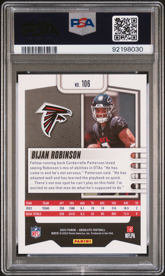 Graded 2023 Panini Absolute Bijan Robinson #106 Black Rookie RC Football Card PSA 10 Gem Mint