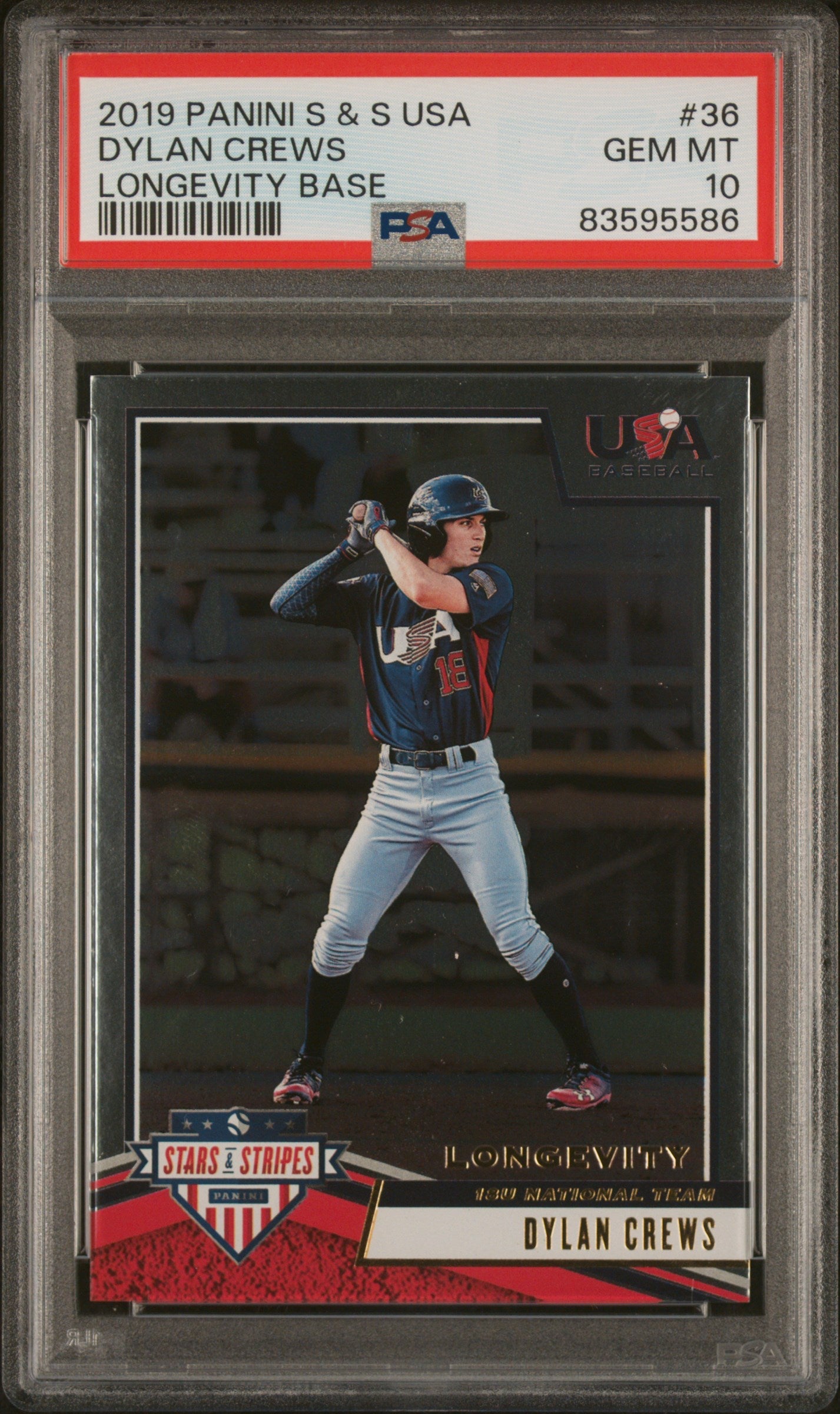 Graded 2019 Panini Stars & Stripes USA Dylan Crews #36 Longevity Base Rookie RC Baseball Card PSA 10 Gem Mint