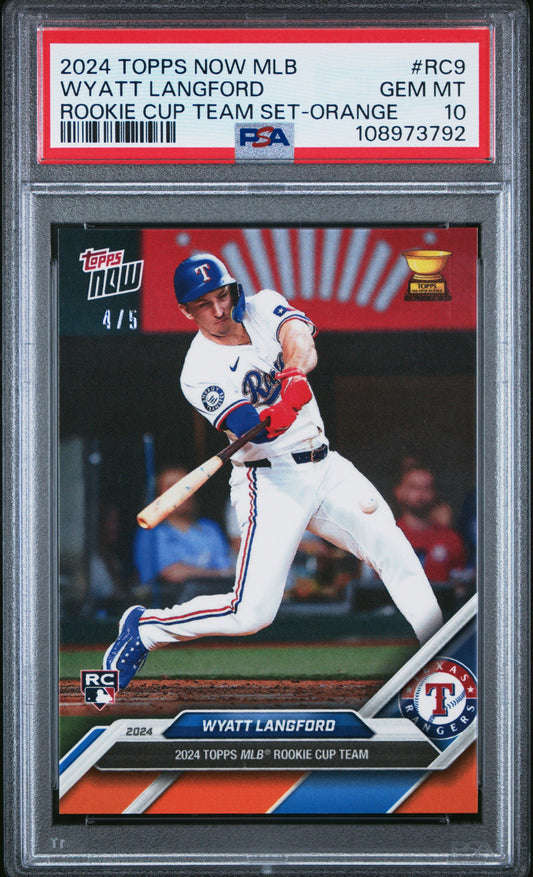 Graded 2024 Topps Now Wyatt Langford #RC9 Rookie Cup Team Set Orange /5 Rookie RC Baseball Card PSA 10 Gem Mint