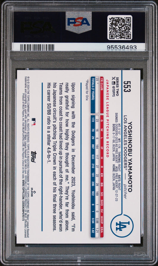 Graded 2024 Topps Yoshinobu Yamamoto #553 Rainbow Foil Rookie RC Baseball Card PSA 10 Gem Mint
