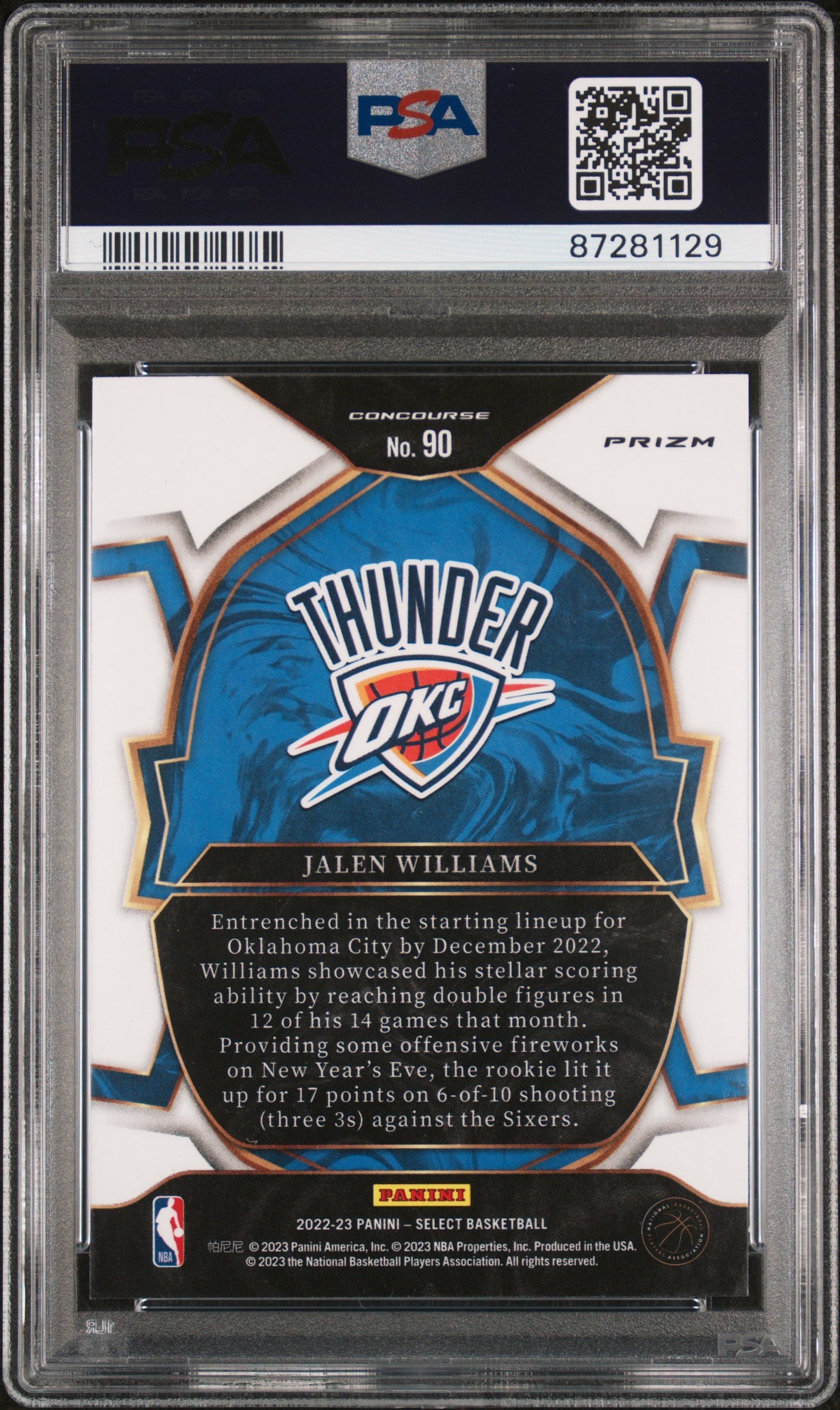 Graded 2022 Panini Select Jalen Williams #90 Red Cracked Ice Rookie RC Basketball Card PSA 10 Gem Mint