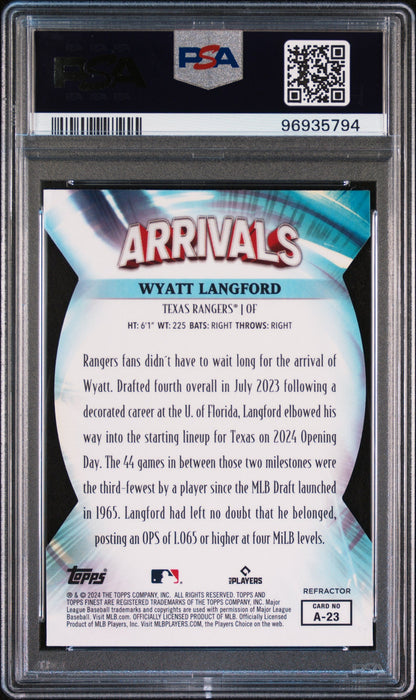 Graded 2024 Topps Finest Wyatt Langford #A23 Arrivals Refractor Rookie RC Baseball Card PSA 10 Gem Mint