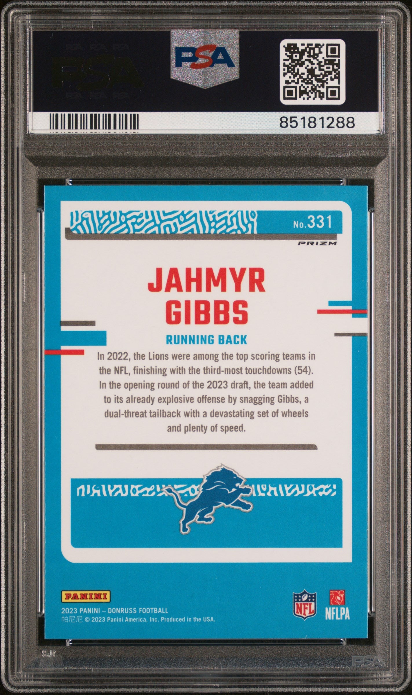 Graded 2023 Panini Donruss Jahmyr Gibbs #331 Optic Preview Holo Rookie RC Football Card PSA 10 Gem Mint