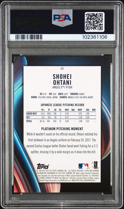 Graded 2018 Topps Bowman Platinum Shohei Ohtani #34 With Glove Rookie RC Baseball Card PSA 10 Gem Mint