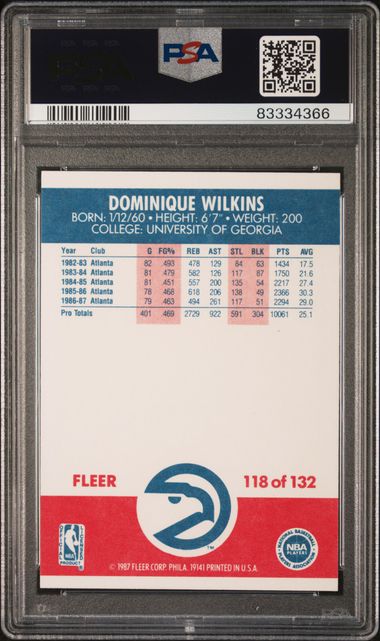 Graded 1987 Fleer Dominique Wilkins #118 2nd Year Basketball Card PSA 9 Mint