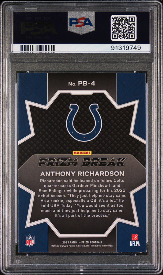 Graded 2023 Panini Prizm Anthony Richardson #PB4 Prizm Break Rookie RC Football Card PSA 10 Gem Mint