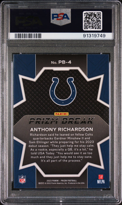Graded 2023 Panini Prizm Anthony Richardson #PB4 Prizm Break Rookie RC Football Card PSA 10 Gem Mint