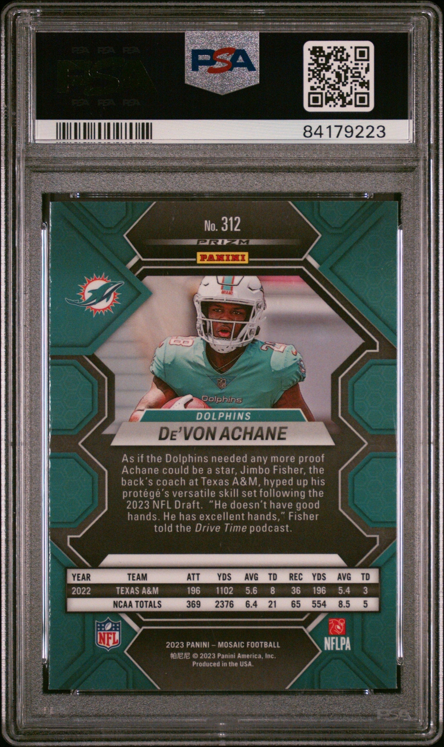 Graded 2023 Panini Mosaic Devon Achane #312 Reactive Blue Rookie RC Football Card PSA 10 Gem Mint