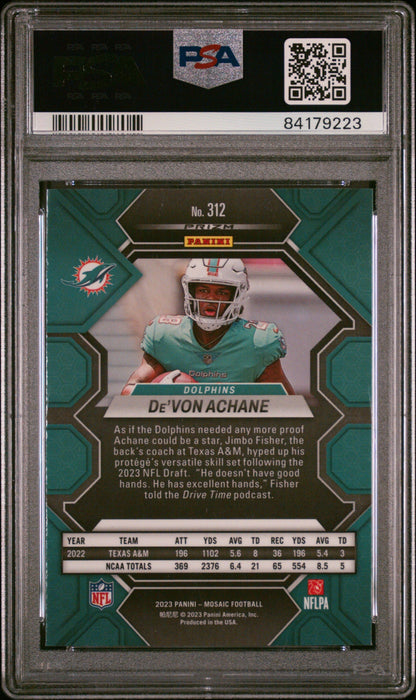 Graded 2023 Panini Mosaic Devon Achane #312 Reactive Blue Rookie RC Football Card PSA 10 Gem Mint