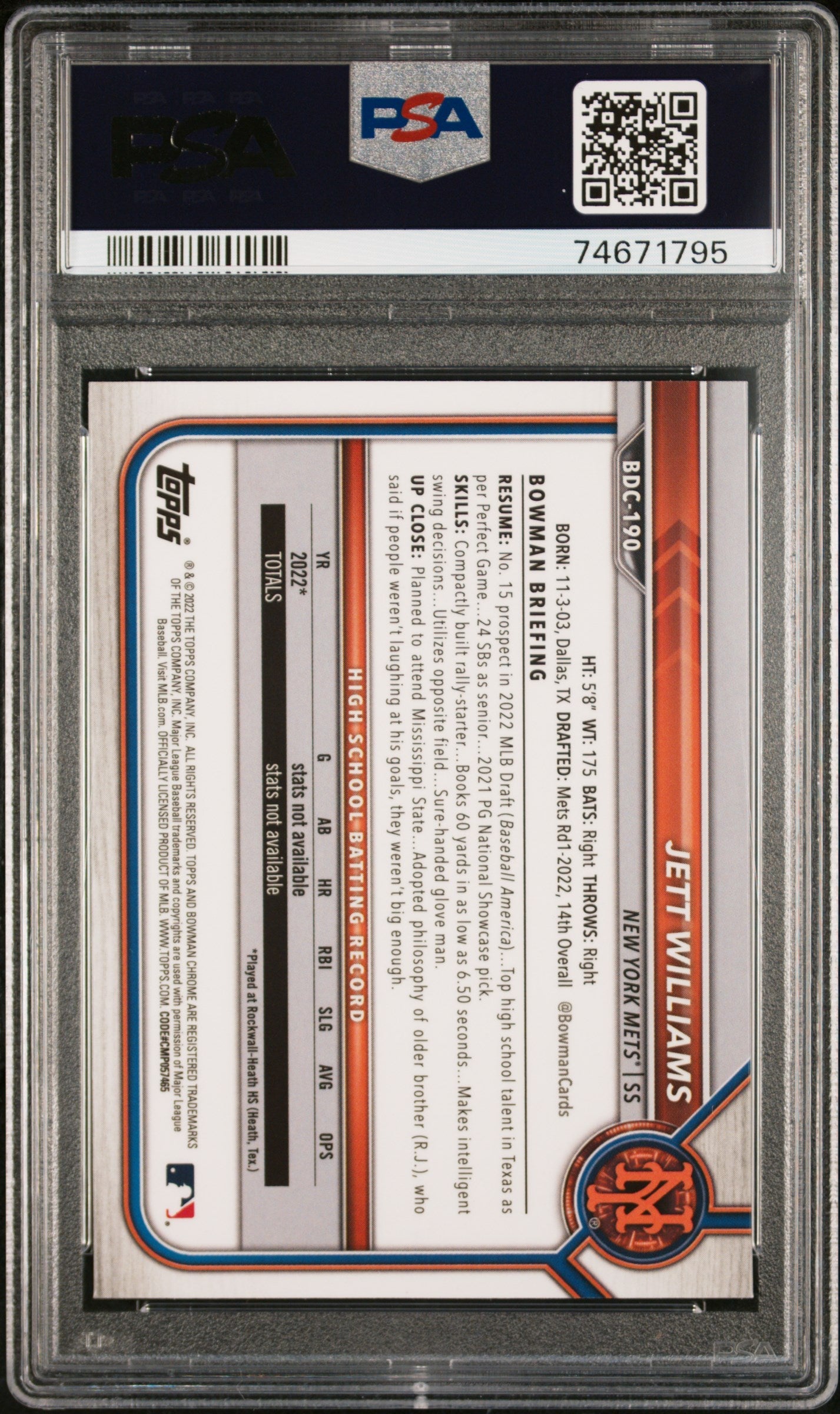 Graded 2022 Topps Bowman Draft Sapphire Edition Jett Williams #BDC190 Rookie RC Baseball Card PSA 10 Gem Mint