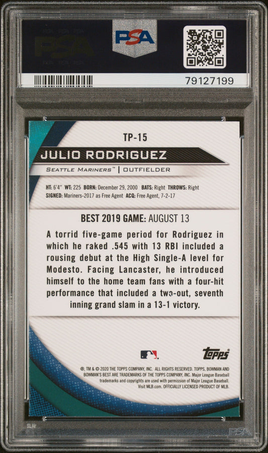 Graded 2020 Topps Bowmans Best Julio Rodriguez #TP15 Top Prospects Rookie RC Baseball Card PSA 10 Gem Mint