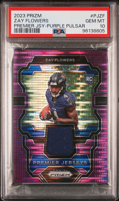 Graded 2023 Panini Prizm Zay Flowers #PJZF Premier Jersey Purple Pulsar Rookie RC Football Card PSA 10 Gem Mint