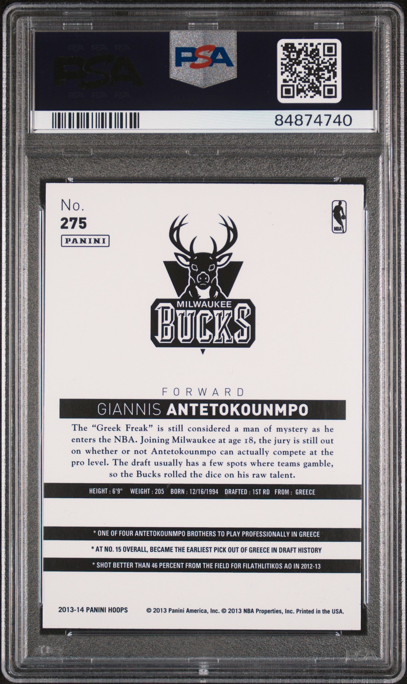 Graded 2013 Panini Hoops Giannis Antetokounmpo #275 Rookie RC Basketball Card PSA 10 Gem Mint