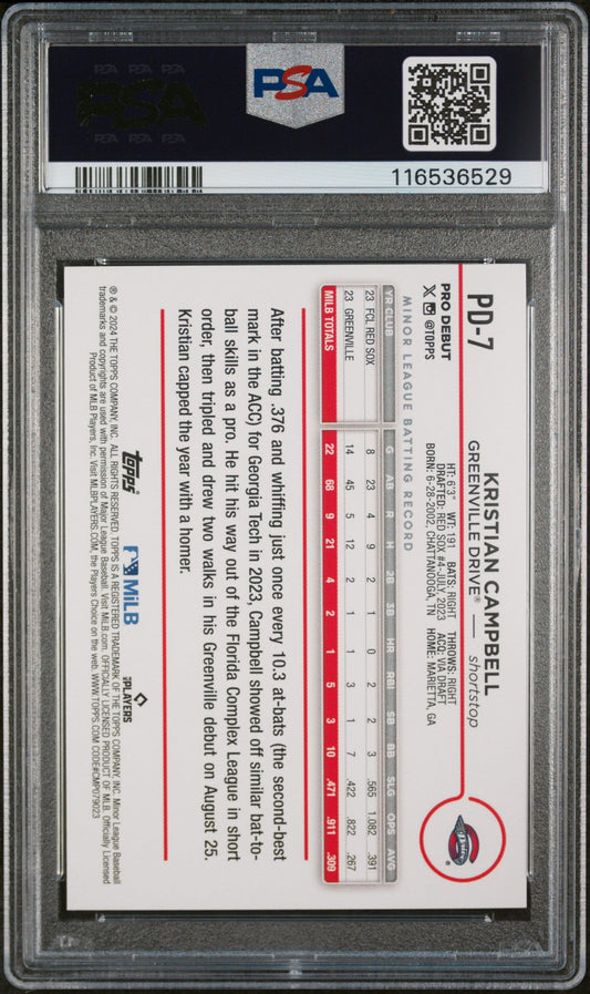 Graded 2024 Topps Pro Debut Kristian Campbell #PD7 Rookie RC Baseball Card PSA 10 Gem Mint