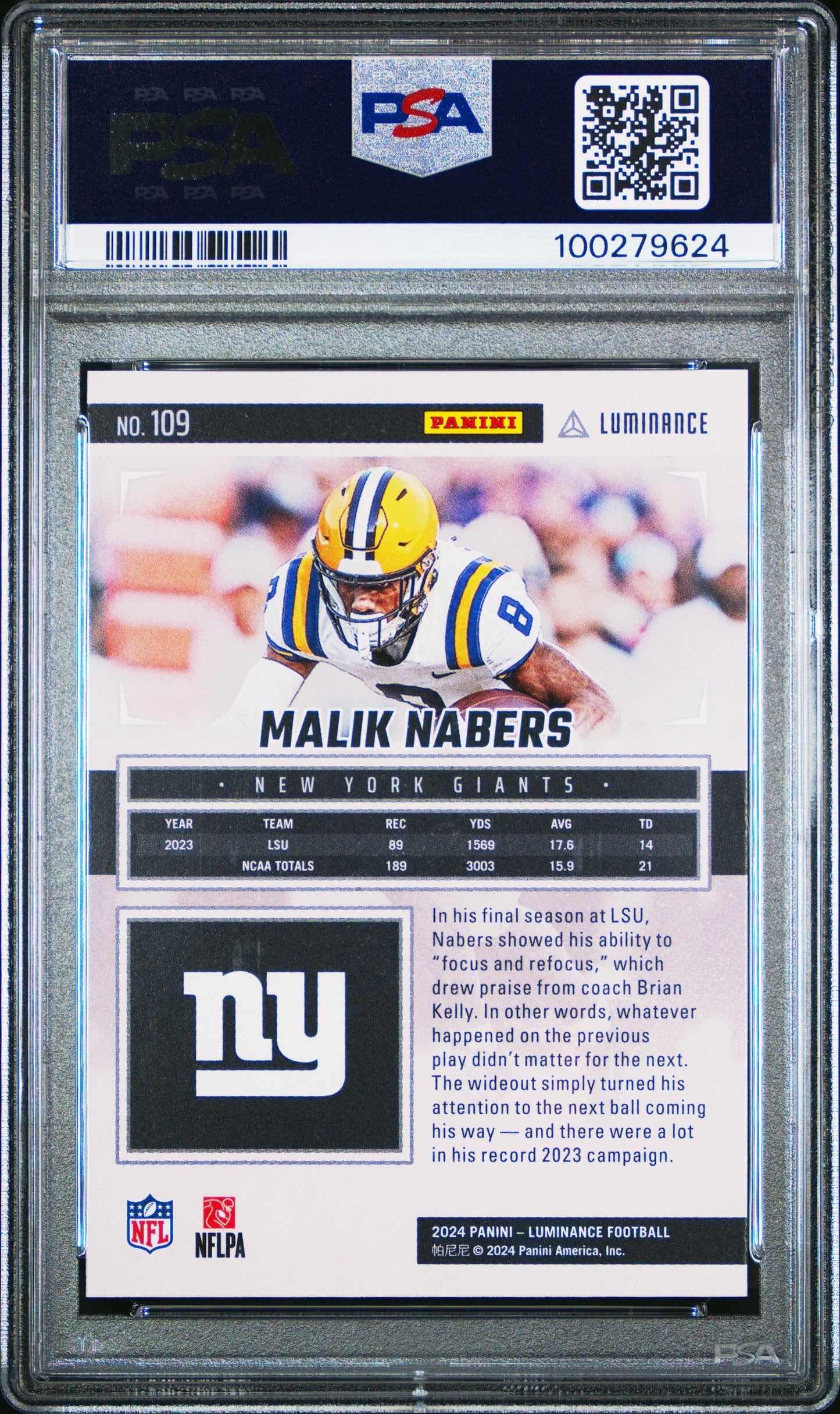 Graded 2024 Panini Luminance Malik Nabers #109 Rookie RC Football Card PSA 10 Gem Mint