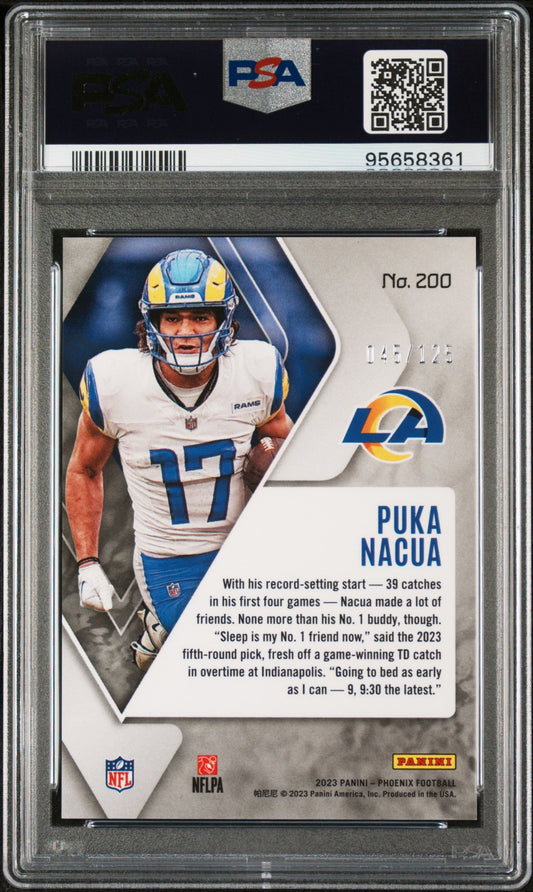 Graded 2023 Panini Phoenix Puka Nacua #200 Purple #/125 Rookie RC Football Card PSA 10 Gem Mint