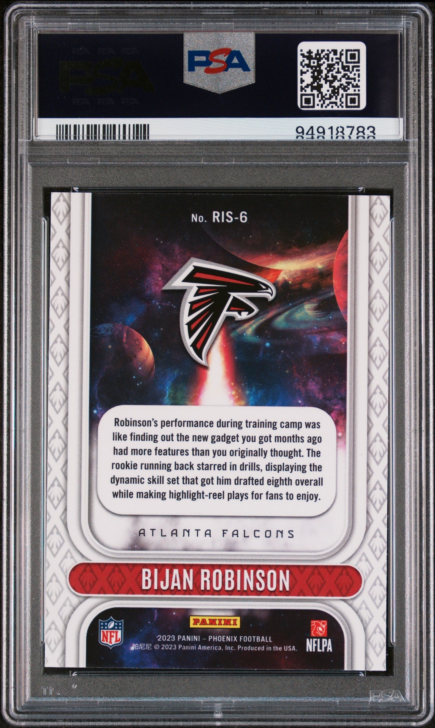 Graded 2023 Panini Phoenix Bijan Robinson #RIS6 Rookie Rising Rookie RC Football Card PSA 10 Gem Mint