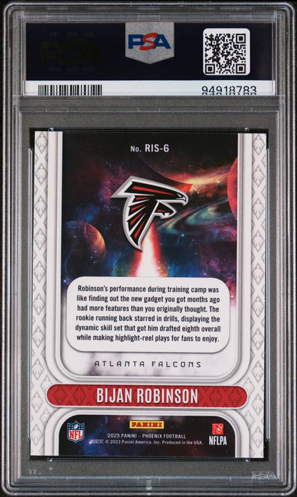 Graded 2023 Panini Phoenix Bijan Robinson #RIS6 Rookie Rising Rookie RC Football Card PSA 10 Gem Mint