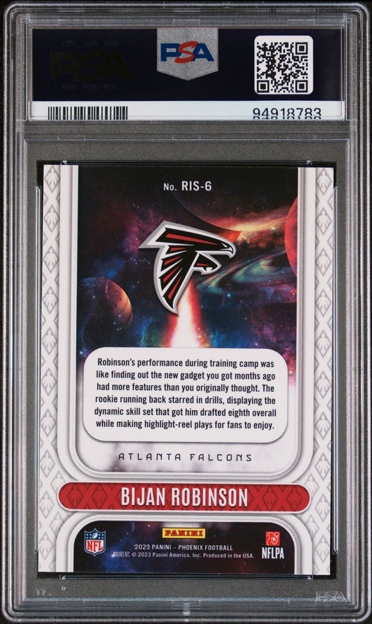 Graded 2023 Panini Phoenix Bijan Robinson #RIS6 Rookie Rising Rookie RC Football Card PSA 10 Gem Mint
