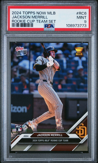 Graded 2024 Topps Now Jackson Merrill #RC6 Rookie Cup Team Set Rookie RC Baseball Card PSA 9 Mint