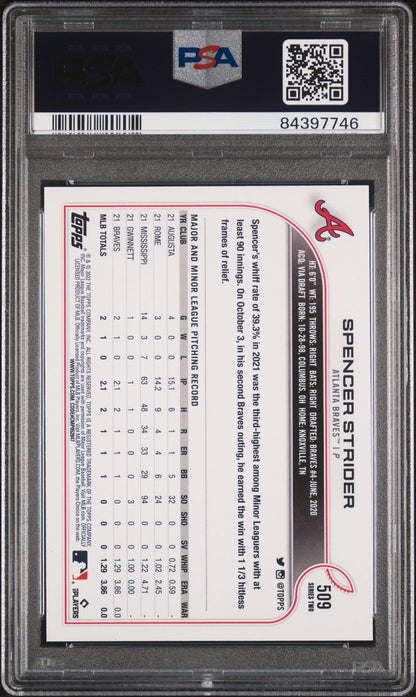 Graded 2022 Topps Spencer Strider #509 Rookie RC Baseball Card PSA 10 Gem Mint