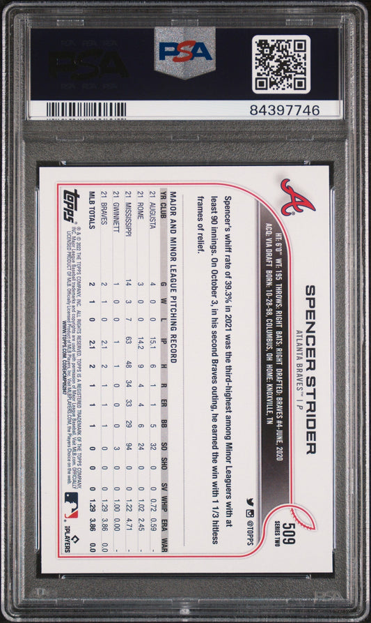 Graded 2022 Topps Spencer Strider #509 Rookie RC Baseball Card PSA 10 Gem Mint