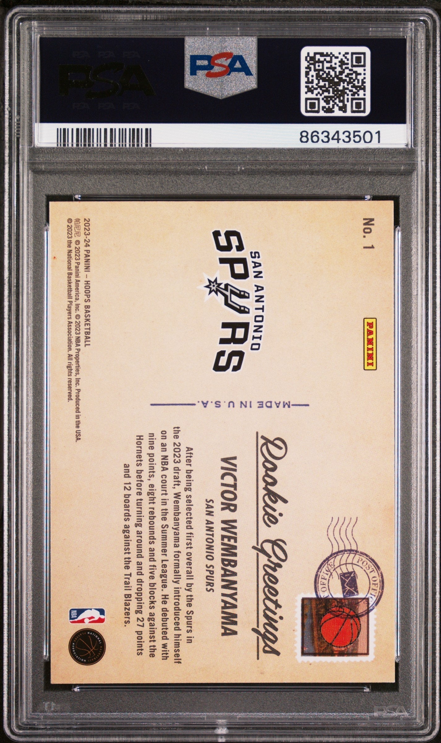 Graded 2023 Panini NBA Hoops Victor Wembanyama #1 Rookie Greetings Winter Rookie RC Basketball Card PSA 10 Gem Mint