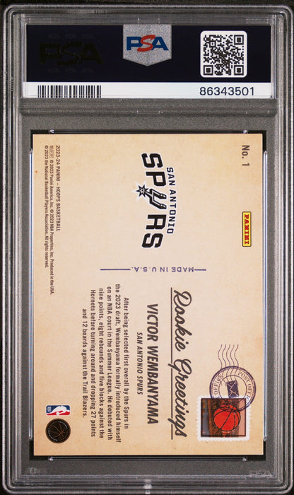 Graded 2023 Panini NBA Hoops Victor Wembanyama #1 Rookie Greetings Winter Rookie RC Basketball Card PSA 10 Gem Mint