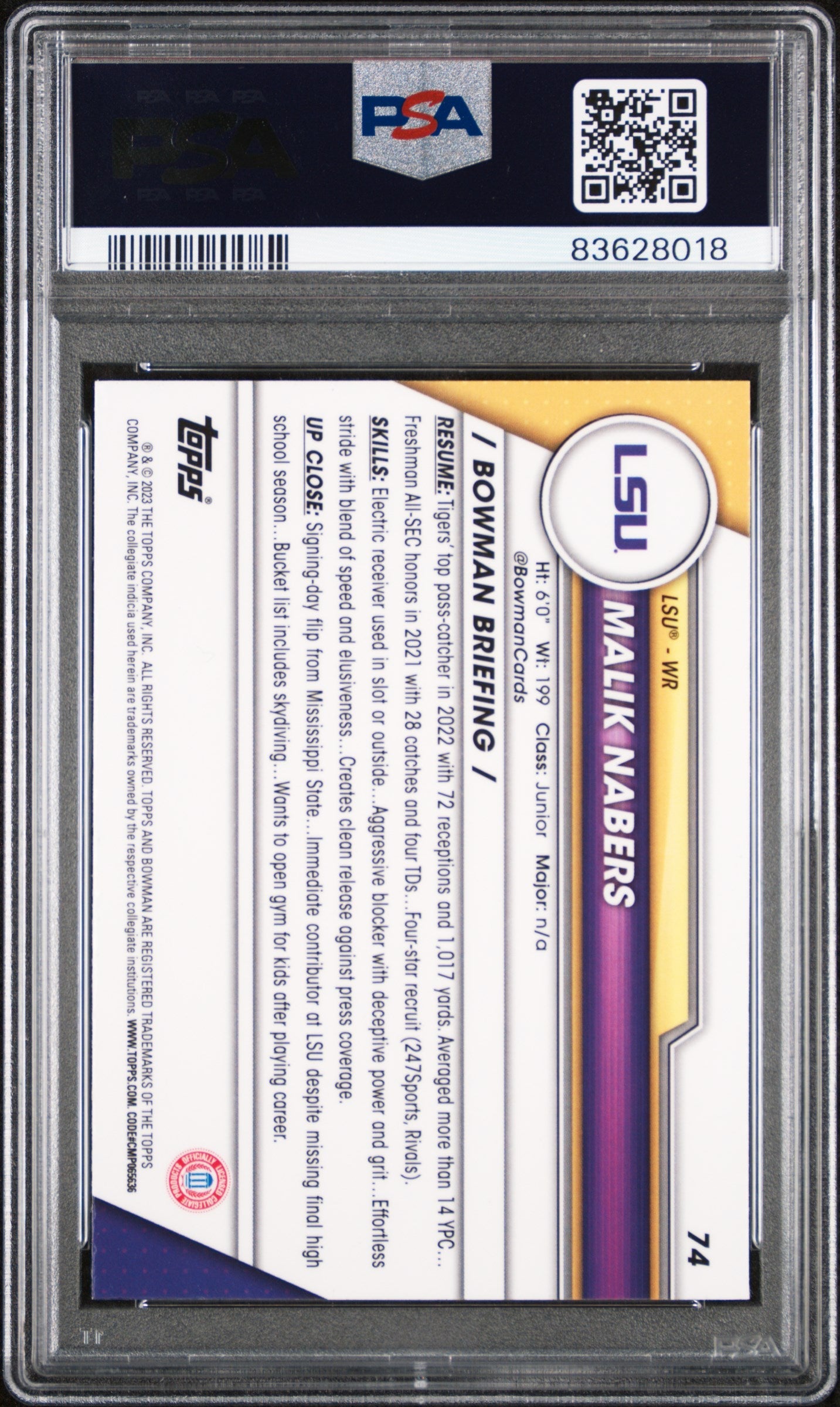 Graded 2023 Topps Bowman U Chrome Malik Nabers #74 Pink Rookie RC Football Card PSA 10 Gem Mint