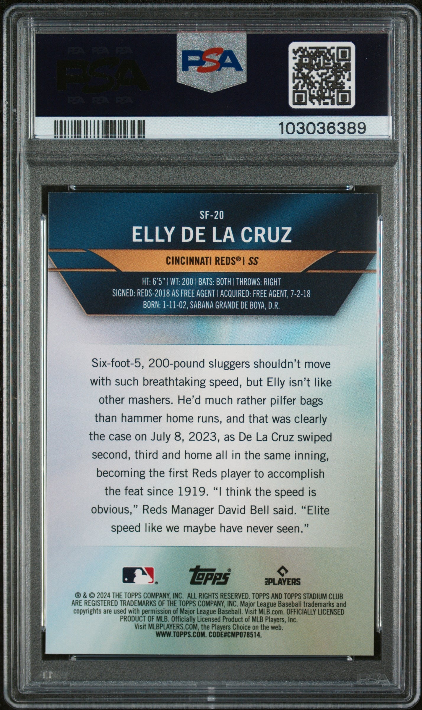 Graded 2024 Topps Stadium Club Elly De La Cruz #SF20 Special Forces Rookie RC Baseball Card PSA 10 Gem Mint