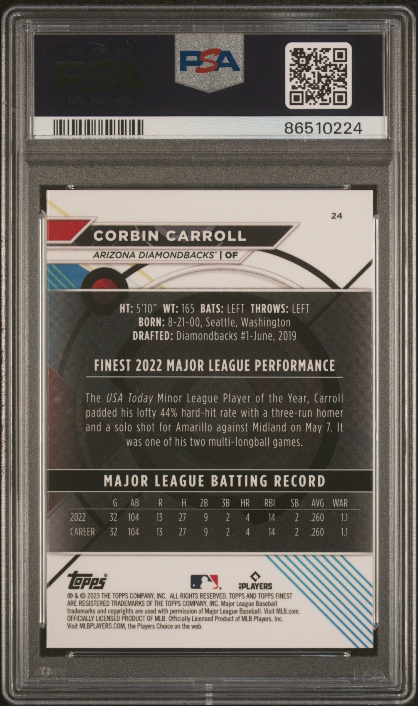 Graded 2023 Topps Finest Corbin Carroll #23 Rookie RC Baseball Card PSA 10 Gem Mint